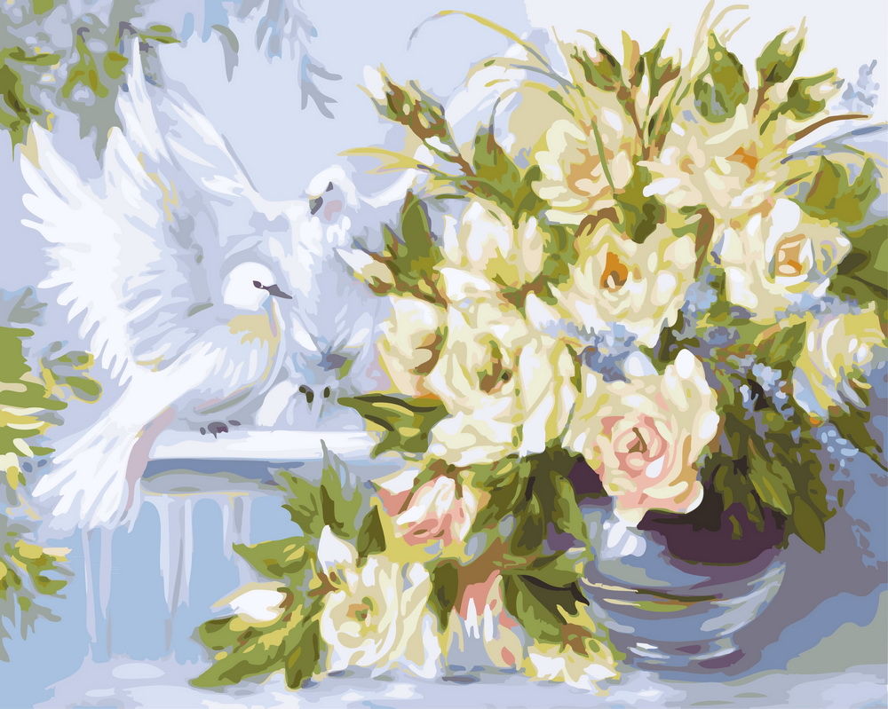 Живопись цветы и голуби